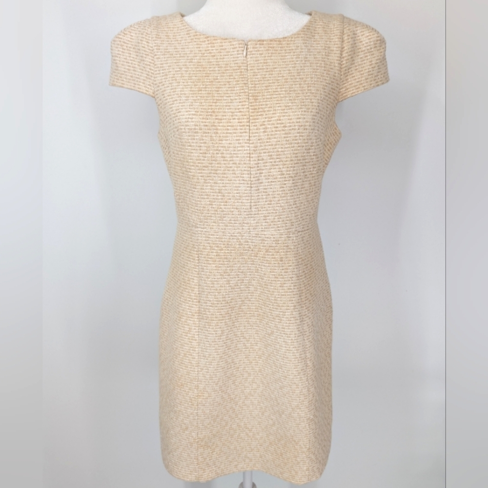 Anthropologie 4c Collective Cream Tan Tweed Zip Front Cap Sleeve Sheath Dress 8
